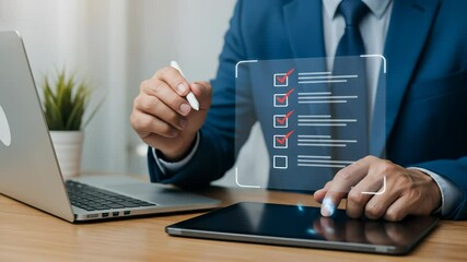 Digital Checklist: Businessman Completing Tasks on Tablet | Business, Productivity, Technology, To-Do List - Powered by Adobe
