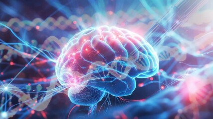 Materializing blue 3D brain model sparking synapses and pulsing, rotating DNA helix in field - Powered by Adobe