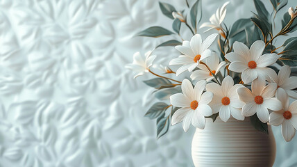 Serene white and grey floral pattern with natural elements. Decorative background with sculpted flowers and foliage.