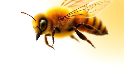 Bee with yellow fuzz and black stripes wings detailed with hexagonal patterns hovering against a light background