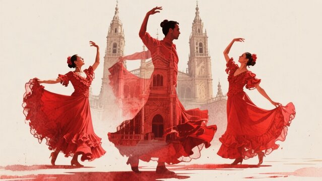 Flamenco Dancers in Red Dresses Perform Against a Cathedral Backdrop