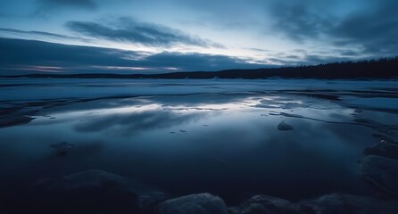 Evening reflection on a partially frozen body of water ice along the edge