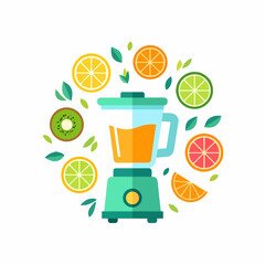 Illustration of a blender surrounded by various fruits and green leaves