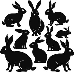 A charming collection of black silhouette rabbits, capturing the gentle and curious nature of bunnies