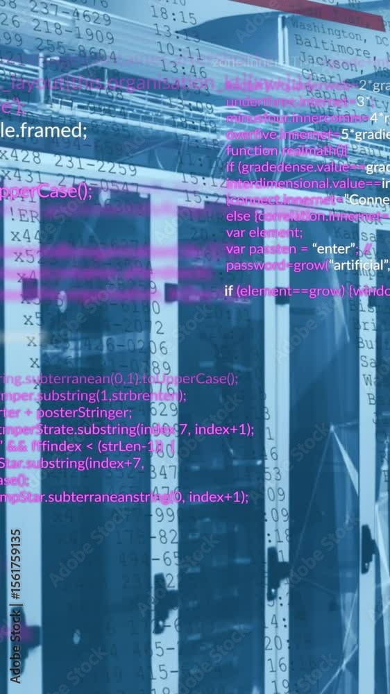 Poster animation of computer language over connected dots on server racks in server room