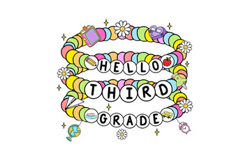 Hello third grade text design with school icons beaded bracelets isolated on transparent background