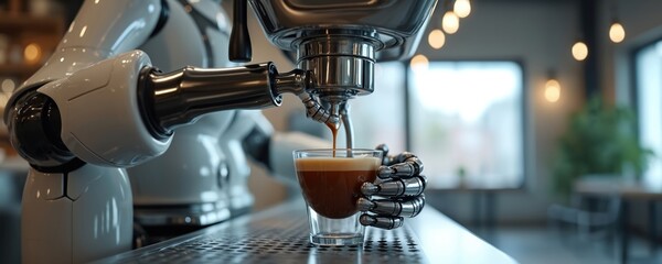 Modern cafe setting robot arm making fresh espresso coffee. Robotic barista serving hot drink. Coffee culture, specialty trend. Automation, innovation in food tech industry, service.