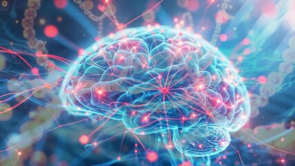 Initiating pulses at nodes, 3D brain sending data along neural paths in digital space - Powered by Adobe