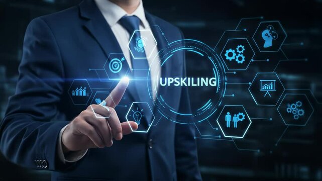 Upskilling: Business Man Activating Skills, Training, and Development for Career Growth & Innovation