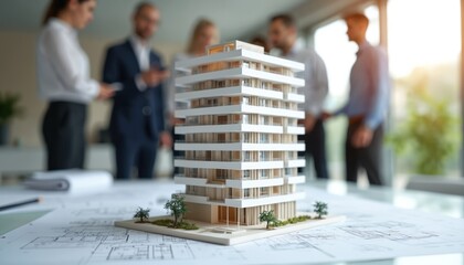 Architectural model apartment building with blueprints. Business people discuss project plan. Modern design residential architecture, real estate construction development. New property project,