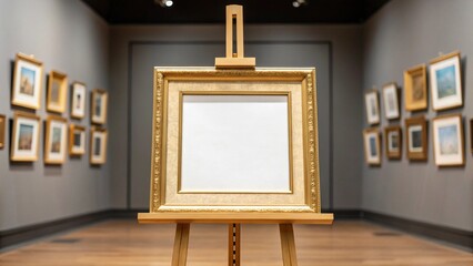 Elegant Gold Frame on Easel in Art Gallery, Mockup, Blank Canvas,  Sophisticated Interior.