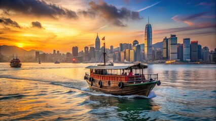 Naklejka premium Old junk boat drifting in Victoria Harbour at sunset with city skyline background, sunset, old boat, sunset