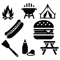 Collection of outdoor adventure and leisure activity icons for camping and picnics
