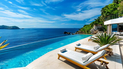 Fototapeta premium Luxurious oceanfront infinity pool with sun loungers, overlooking a serene blue sea and lush green landscape under a clear sky.