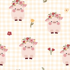 Kids seamless pattern with cute pigs and flowers on a gingham background