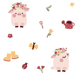 Kids seamless pattern with cute pigs and flowers