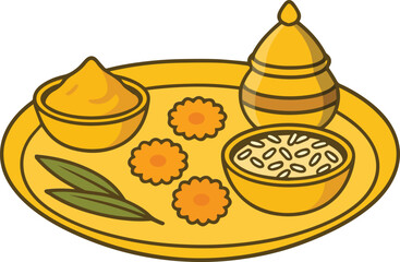 Hindu Pooja Thali Vector Festival Puja Plate with Kumkum, Rice, Flowers, and Kalash