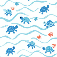 Fototapeta premium Flat illustration of simple cartoon sea turtles scattered on a white background with light blue zigzag wave lines, featuring childlike shapes, ideal for packaging, summer printables and marine decor