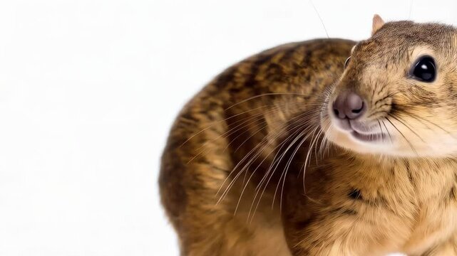 Full shot of a brown bush hyrax facing forward on a white seamless backdrop showcasing fur details and a soft facial expression.