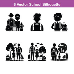 Silhouette of a schoolboy walking with a backpack looking up,Three students walking with backpacks in black and white vector illustration
