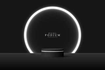 3D product Minimal display stand, black circle on gray background. Abstract geometric shapes in a simple design. Fashion stage mockup scene. Studio product display stand. Product advertising stand