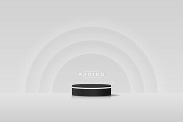 3D product Minimal display stand. black color cylinder stand podium on a gray background. Abstract geometric shapes in a simple design. Fashion stage mockup scene. Studio product display stand.