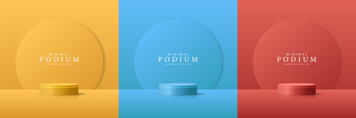 Set of yellow, blue and red realistic 3d cylinder stand podium. Product Minimal display stand. Abstract geometric shapes in a simple design. Fashion stage mockup scene. Studio product display stand.