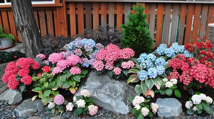 Naklejka premium Vibrant hydrangeas blooming in garden landscape against wooden fence backdrop scene