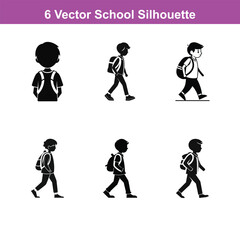 Silhouette of a schoolboy walking with a backpack looking up,Three students walking with backpacks in black and white vector illustration