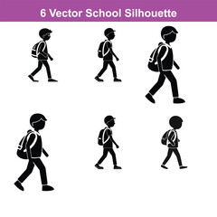 Silhouette of a schoolboy walking with a backpack looking up,Three students walking with backpacks in black and white vector illustration