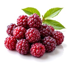 Fresh and Juicy Red Raspberries with Green Leaves on White Background