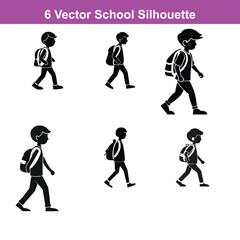 Silhouette of a schoolboy walking with a backpack looking up,Three students walking with backpacks in black and white vector illustration