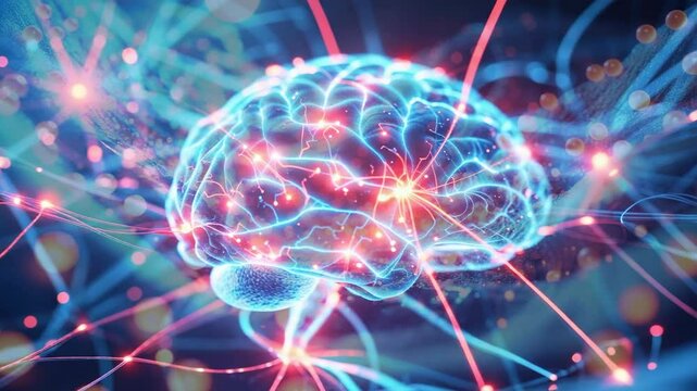 Appearing 3D brain model pulsing blue filaments and red nodes in data space, showing active network