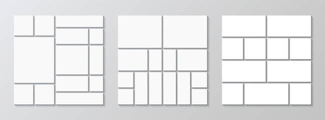 Mosaic pictures frame. Photo collage set. Gallery banner template. Album brandboard grid collection. Moodboard layout. Portfolio images. Abstract forms. Retro background. Vector illustration