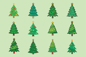 Festive christmas tree collection with various decorations on white background