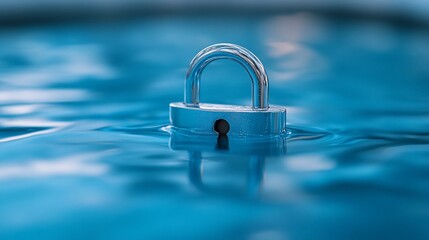 Metal padlock afloat on rippled blue water