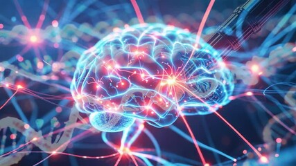 Flickering neural nodes pulsing around brain model in lab, DNA helix and pipette tip approaching - Powered by Adobe
