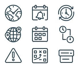 Time Zone Icon Set. Flat icon set of time zone coordination: world clock, meeting reminder, schedule sync,