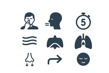 Breathing Techniques Icons. Flat icon set of breathing and focus: alternate nostril breathing, deep inhale