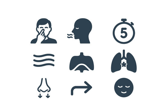 Breathing Techniques Icons. Flat icon set of breathing and focus: alternate nostril breathing, deep inhale