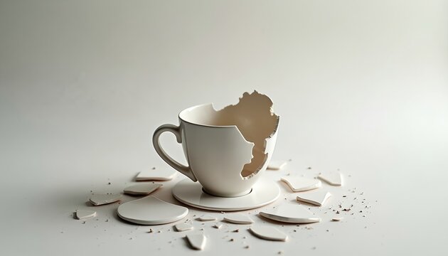 Shattered white ceramic coffee mug on white surface. Broken cup, fragments scattered. Represents damage, destruction, imperfection. Concept of waste, accident, fragility, crisis. Also need for repair.