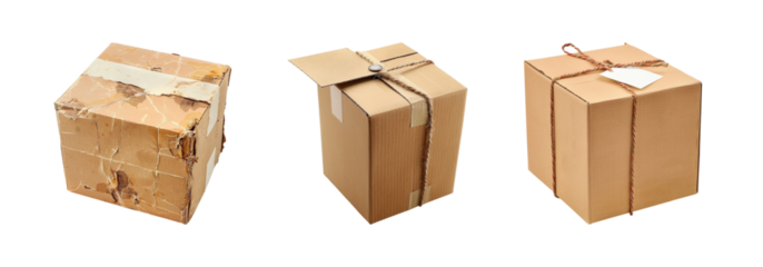 Cardboard boxes in varying conditions showcase shipping delivery states transparent background 