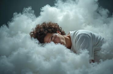 Young man sleeps on cloud. Dream state, relaxation, comfort concept. Peaceful, serene, calm. Guy rests in bed. Surreal artistic photo evokes dreamy mood. Concept art for advertising.