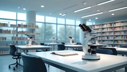 Medical library interior with microscope study desk. Shelves packed medical books, journals in research environment. Scientific study lab for students, researchers. Science and technology.