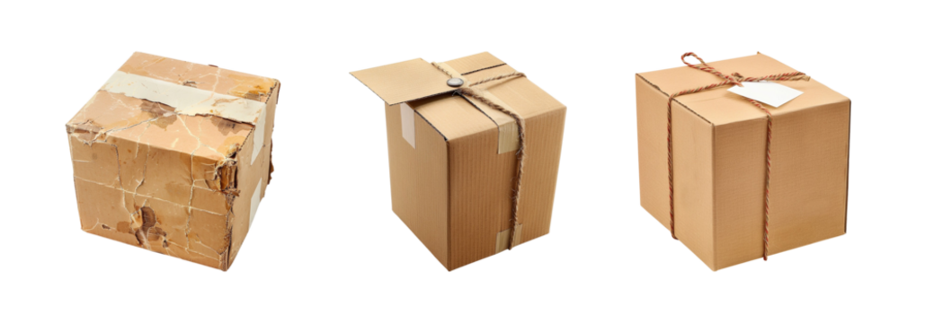 Cardboard boxes in varying conditions showcase shipping delivery states transparent background 