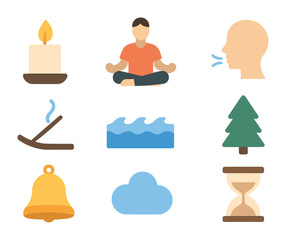 Mindfulness Icon Set. Flat icon set of mindfulness and presence: candle, lotus pose, breathing icon, incense
