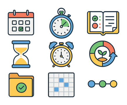 Time Management Icons. Flat icon set of time management for growth: calendar, stopwatch, planner, sand timer,