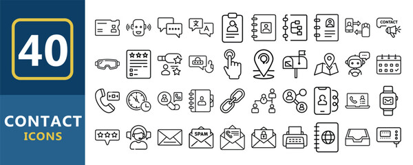 Vector art of collection of 40 contact icons, depicting various communication methods, isolated on white background