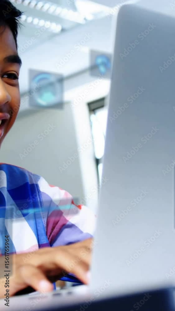 Poster animation of data processing with scope scanning over male student using laptop