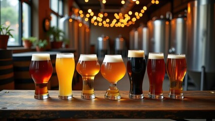 Selección de coloridas cervezas artesanales en vasos surtidos sobre mesa de madera rústica, fondo de cervecería con una suave iluminación cálida